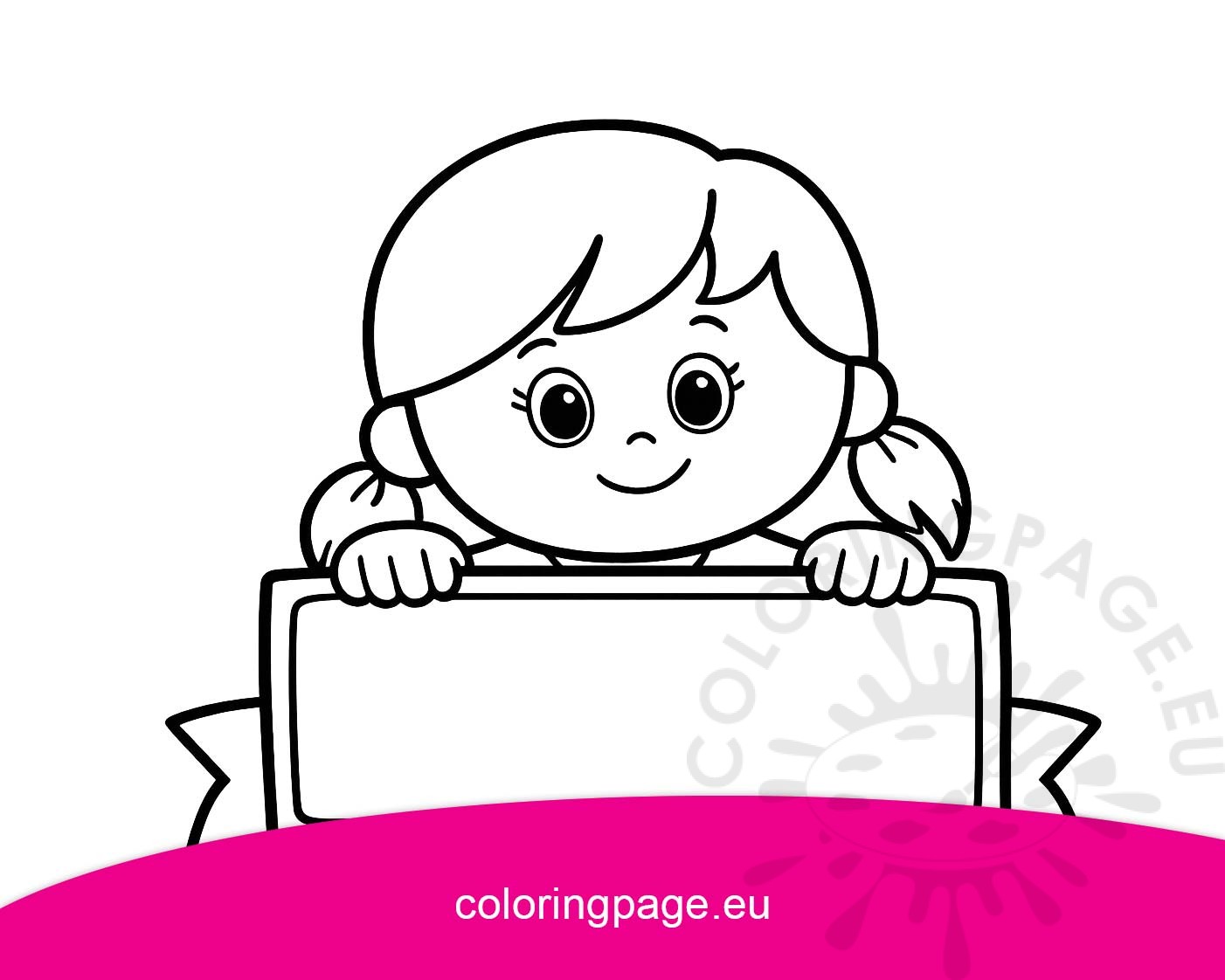 cute cartoon girl holding blank banner