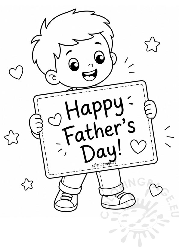 Cute Boy Holding a Father's Day Sign coloring page