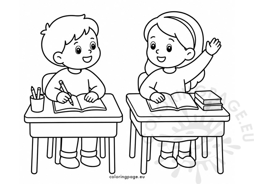 Two children sitting at school desks, one writing and one raising a hand, to colour