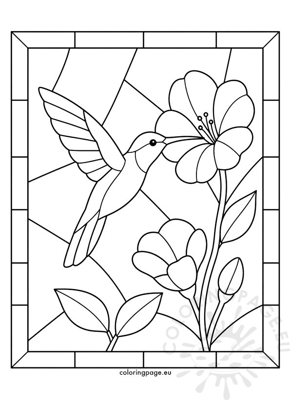 Hummingbird Stained Glass 1 Hummingbird stained glass design with flowers and geometric frame to print and color