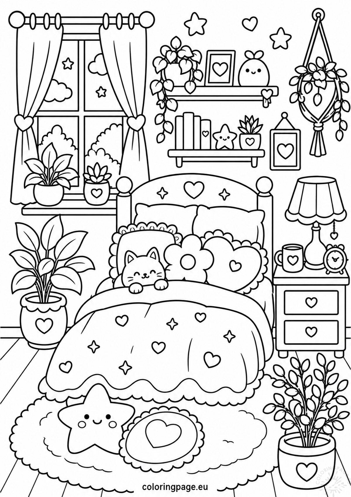 Cozy bedroom coloring page with a cat, plants and pillows