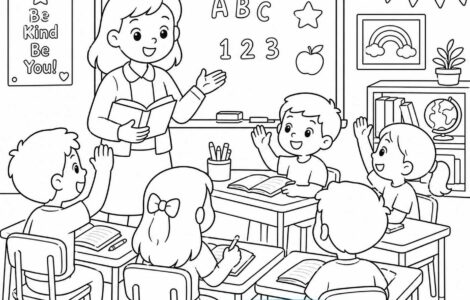 Fun Classroom Coloring Page with Teacher and Students 88 teacher and students printable