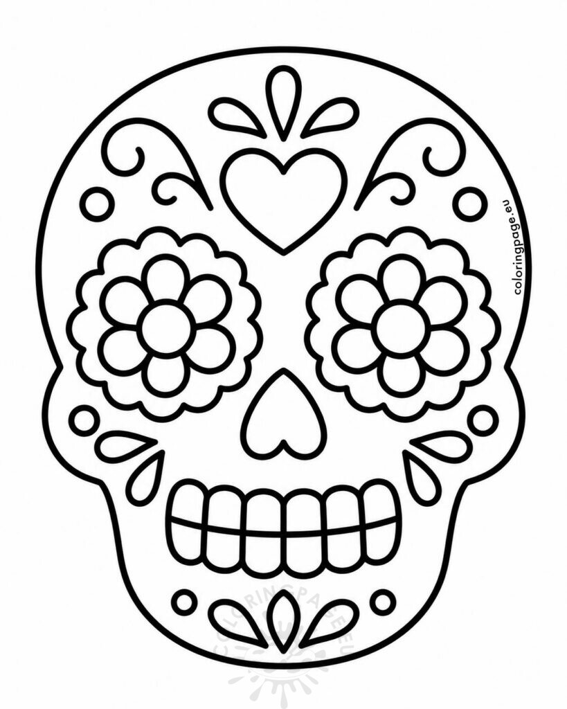 Simple sugar skull coloring page with flowers and decorative patterns for kids.