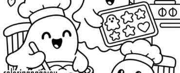 Cute Ghost Baking Cookies Coloring Page for Kids 9 Three happy ghosts baking cookies together in a cozy Halloween kitchen.