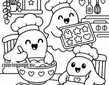 Three happy ghosts baking cookies together in a cozy Halloween kitchen.