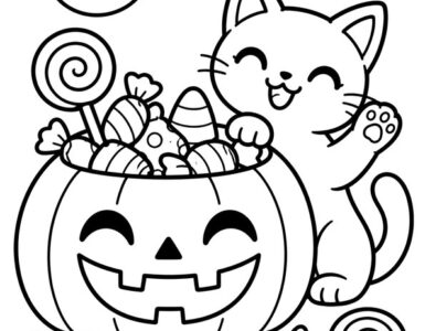 Halloween Cat with Pumpkin and Candy Coloring Page 2 halloween cat with pumpkin and candy