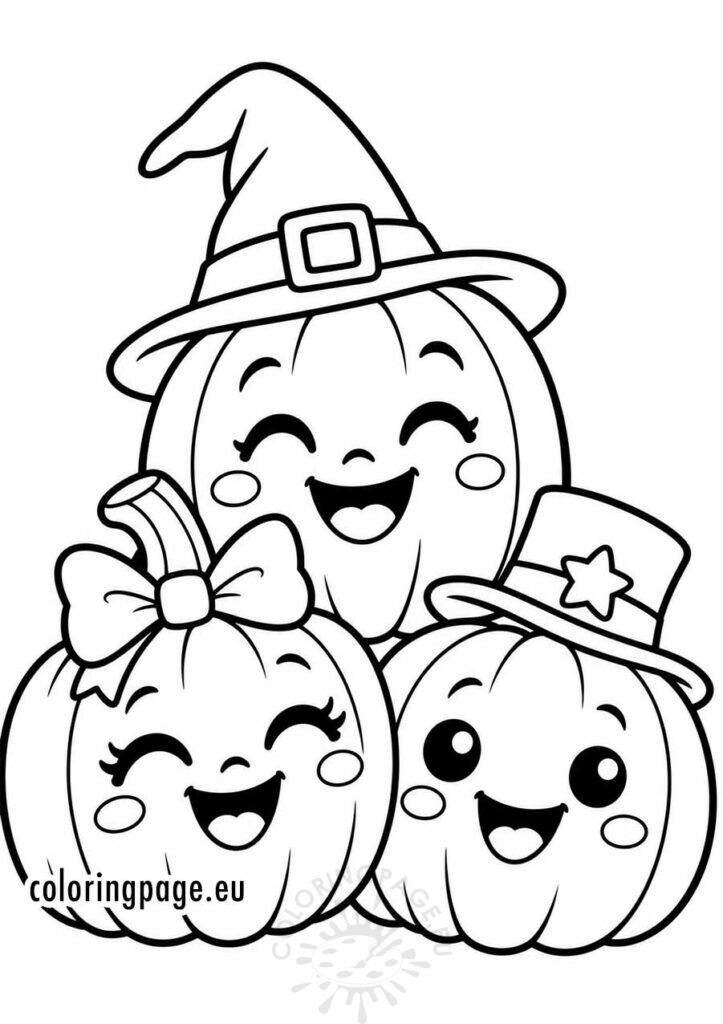 Three Happy Halloween Pumpkins in Funny Hats 1 halloween pumpkins in funny hats
